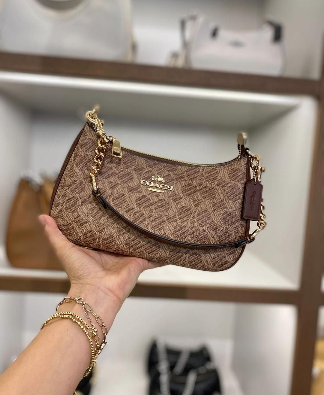 Coach Teri Shoulder Bag Dupe – Signature Canvas (Gold/Tan/Brown) | Luxury-Inspired Design