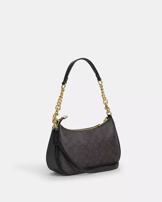 Coach Teri Shoulder Bag Dupe – Signature Canvas (Gold/Walnut/Black) | Luxury-Inspired Design