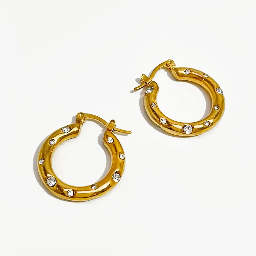 Cubic Zirconia Huggie Hoop Earrings | Stainless Steel | 18K Gold Plated | Tarnish-Free