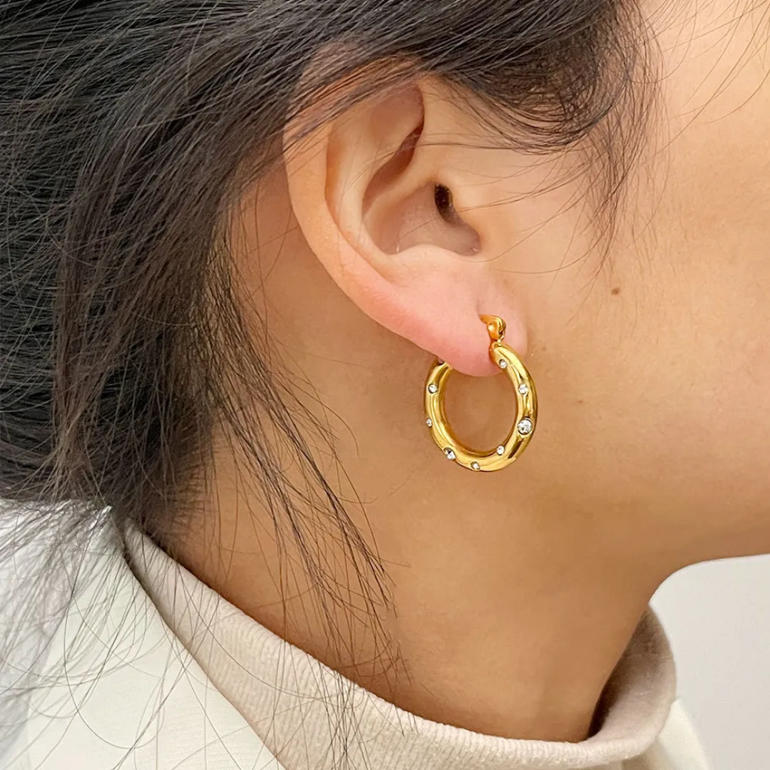 Cubic Zirconia Huggie Hoop Earrings | Stainless Steel | 18K Gold Plated | Tarnish-Free
