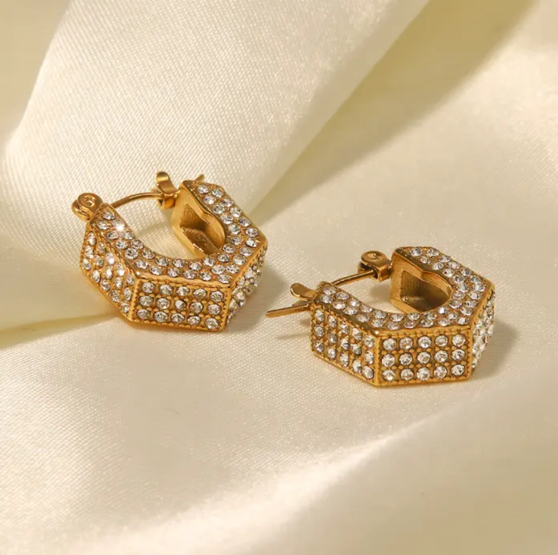 Shiny Zircon U-Shape Hoop Earrings | Stainless Steel | 18K Gold Plated | Tarnish-Free