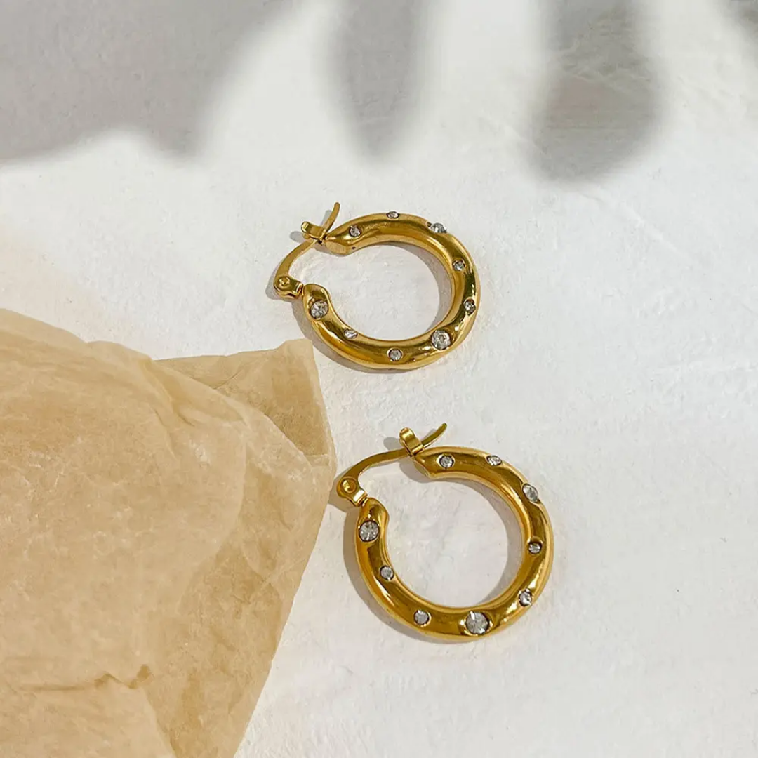 Cubic Zirconia Huggie Hoop Earrings | Stainless Steel | 18K Gold Plated | Tarnish-Free