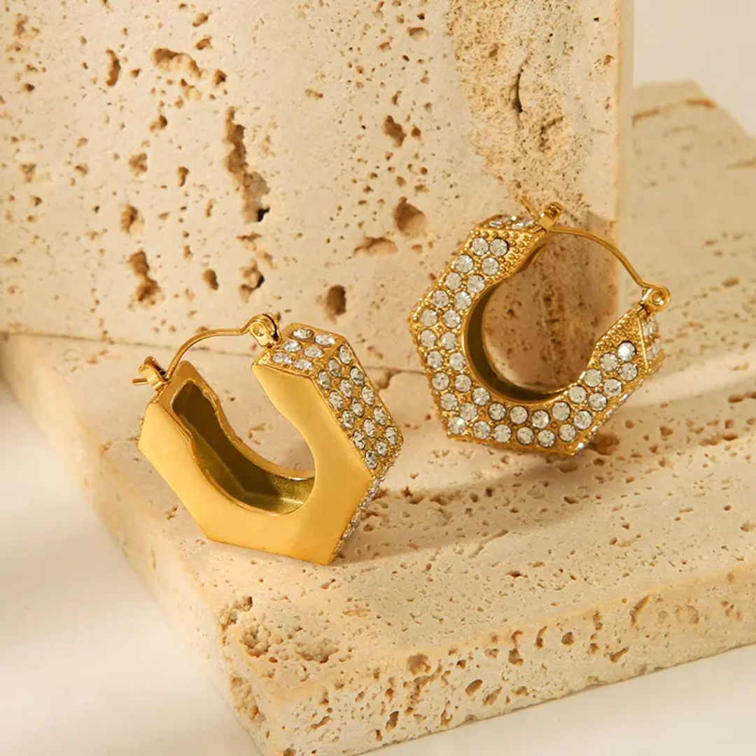 Shiny Zircon U-Shape Hoop Earrings | Stainless Steel | 18K Gold Plated | Tarnish-Free