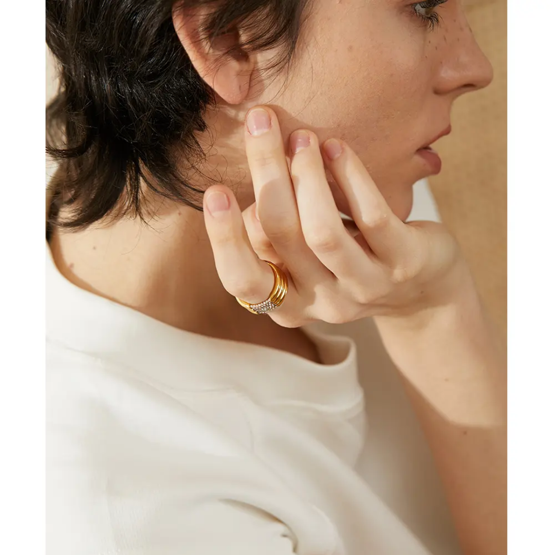 Unique Layered Geometric Cubic Zirconia Ring | Stainless Steel | 18K Gold Plated