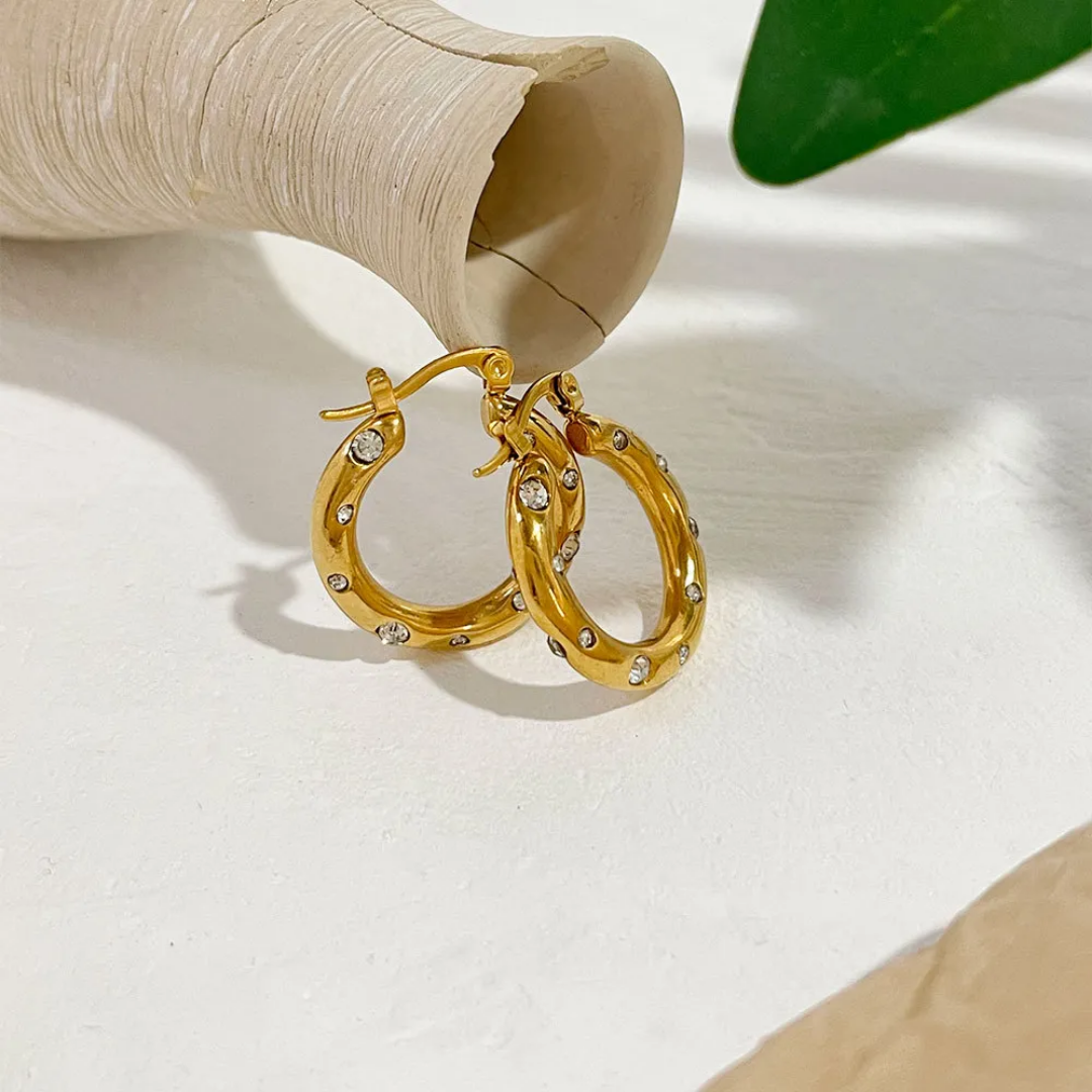 Cubic Zirconia Huggie Hoop Earrings | Stainless Steel | 18K Gold Plated | Tarnish-Free