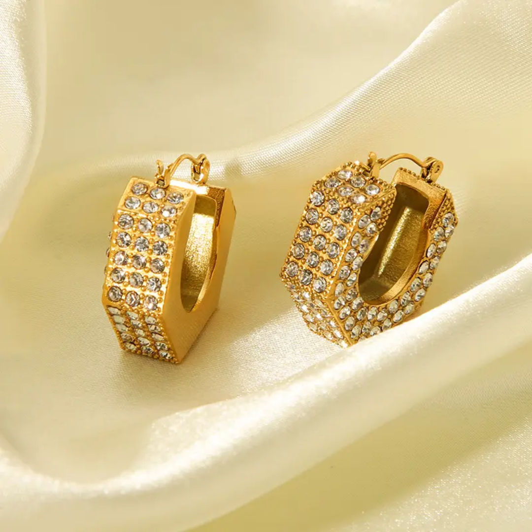 Shiny Zircon U-Shape Hoop Earrings | Stainless Steel | 18K Gold Plated | Tarnish-Free