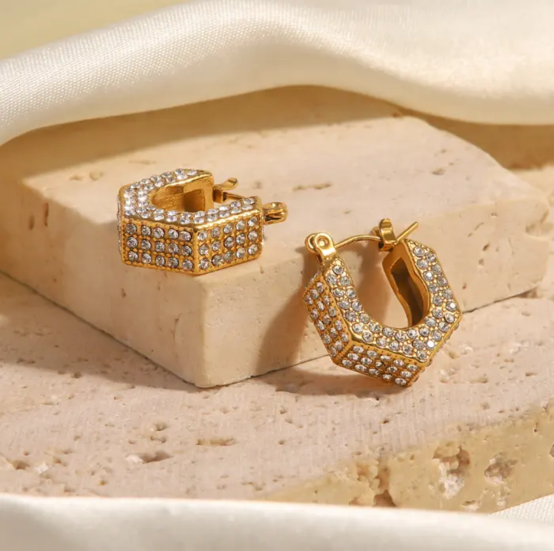 Shiny Zircon U-Shape Hoop Earrings | Stainless Steel | 18K Gold Plated | Tarnish-Free