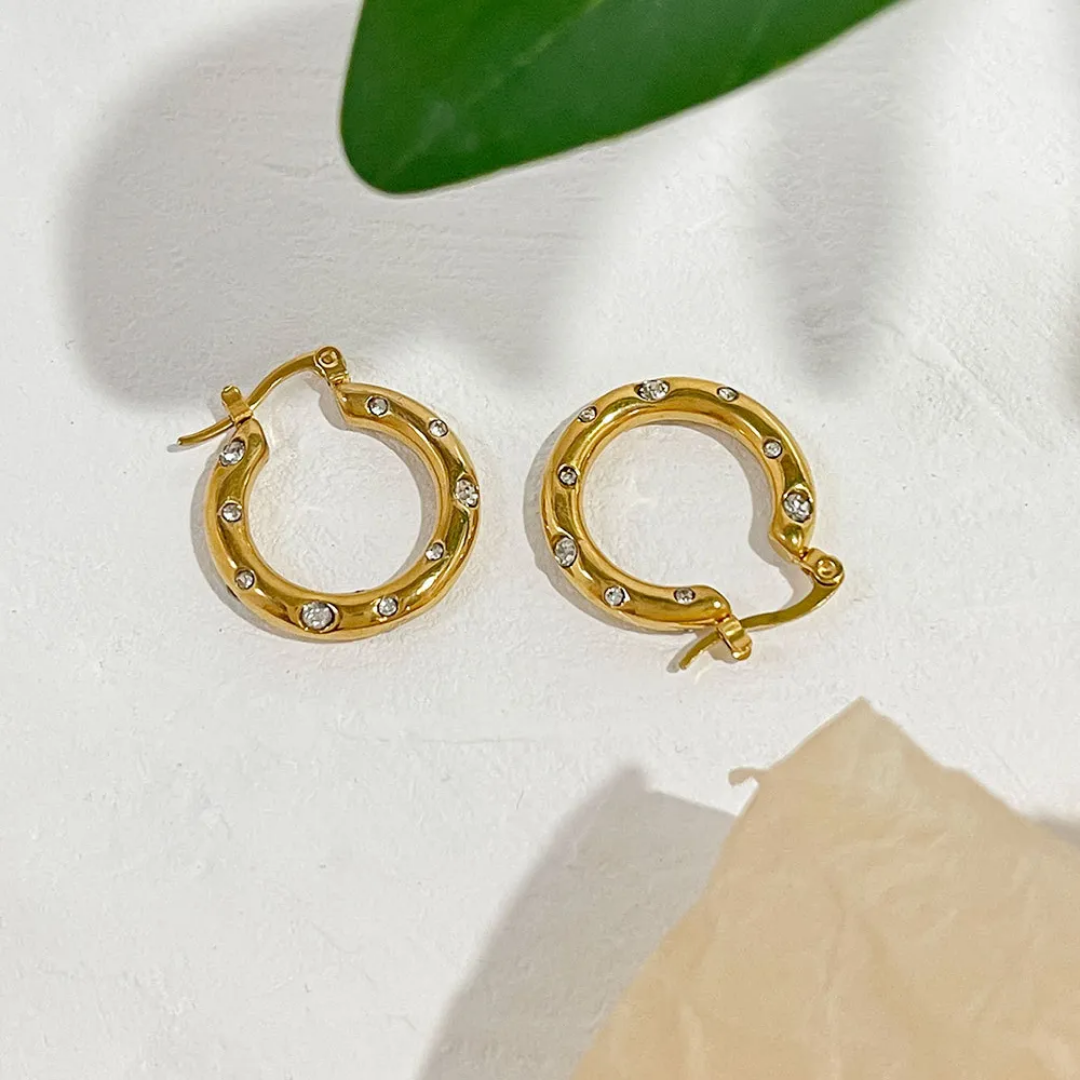 Cubic Zirconia Huggie Hoop Earrings | Stainless Steel | 18K Gold Plated | Tarnish-Free