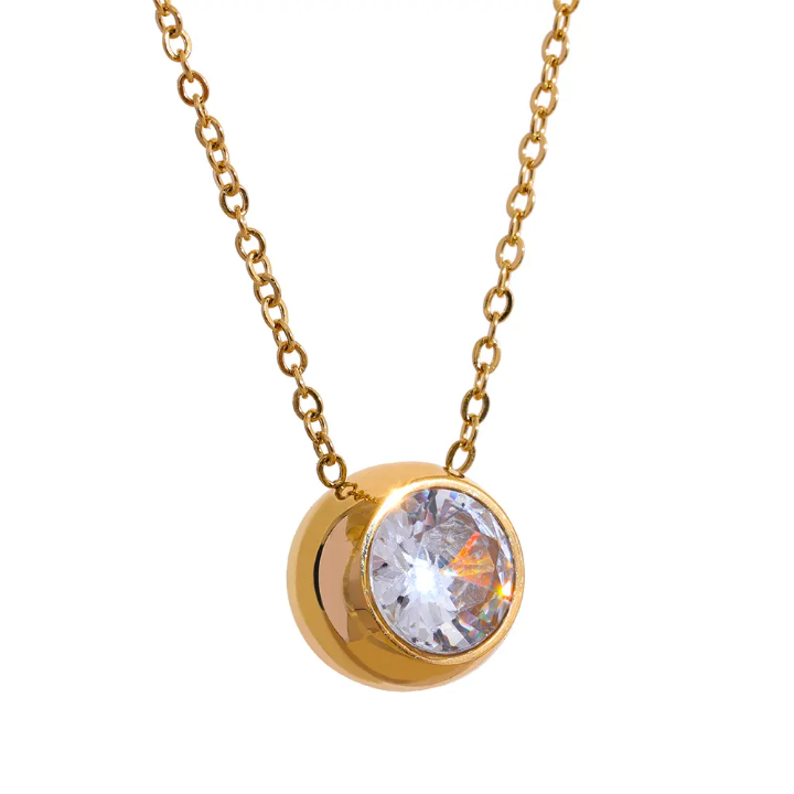 Twinkle Cubic Zarconia Round Pendant | Stainless Steel | 18K Gold Plated | Tarnish-Free