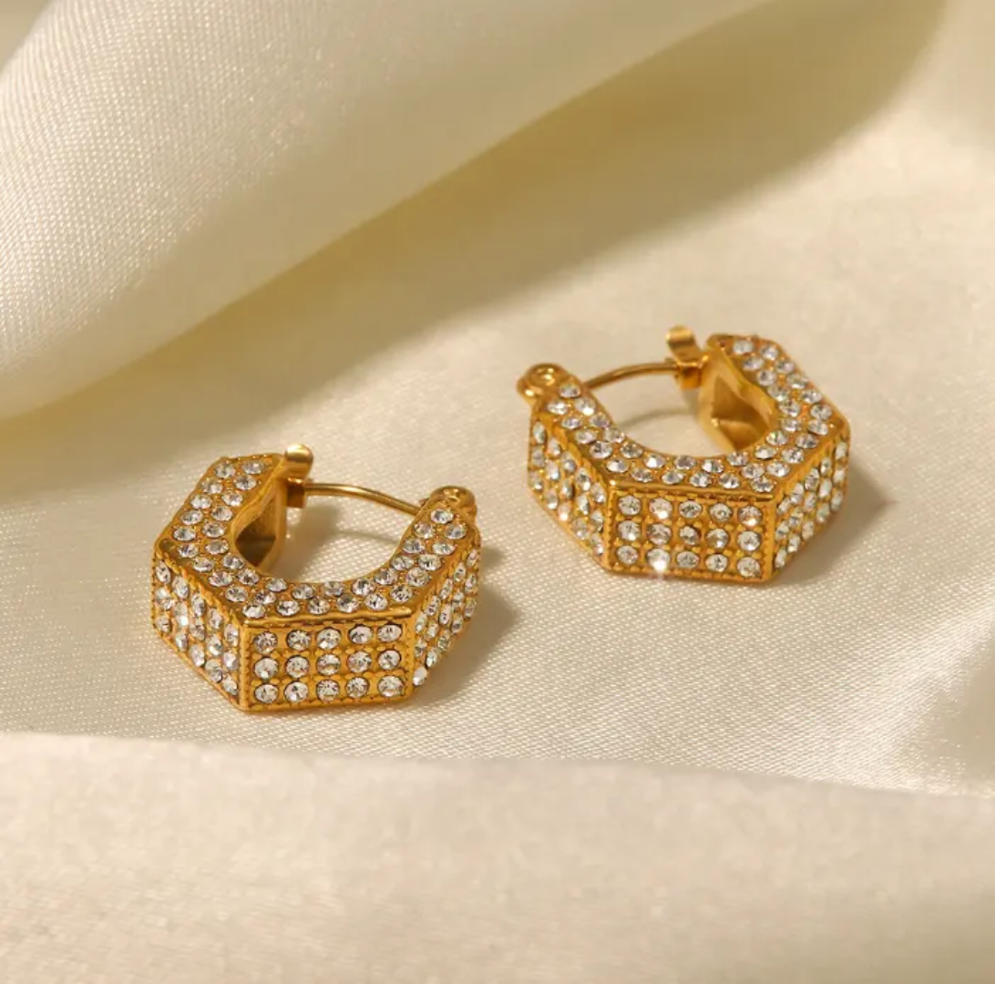 Shiny Zircon U-Shape Hoop Earrings | Stainless Steel | 18K Gold Plated | Tarnish-Free