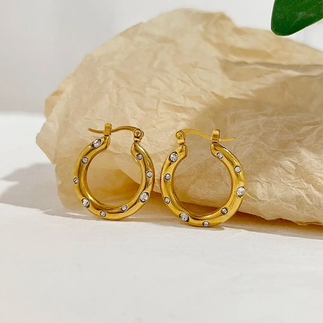 Cubic Zirconia Huggie Hoop Earrings | Stainless Steel | 18K Gold Plated | Tarnish-Free