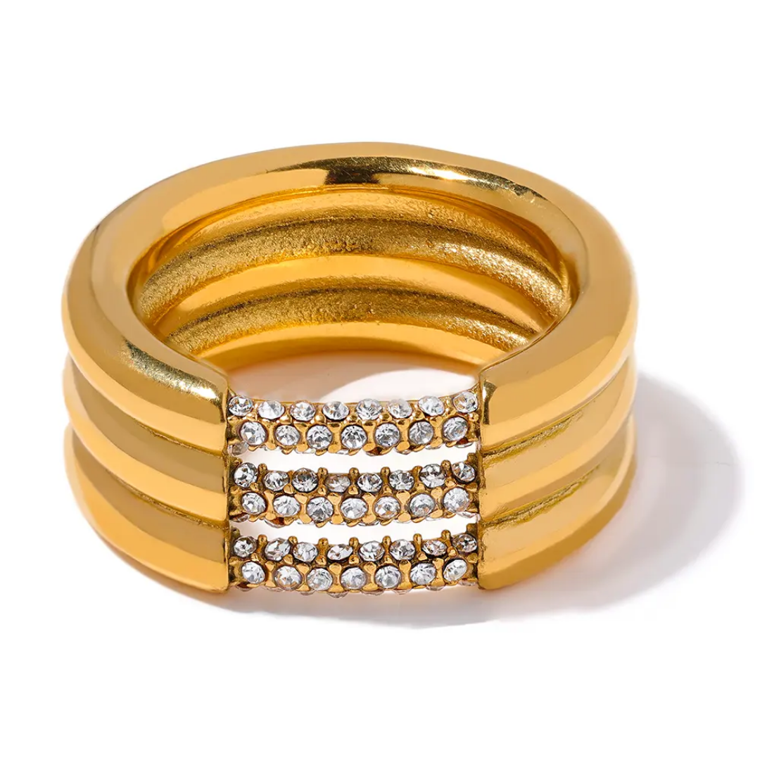 Unique Layered Geometric Cubic Zirconia Ring | Stainless Steel | 18K Gold Plated