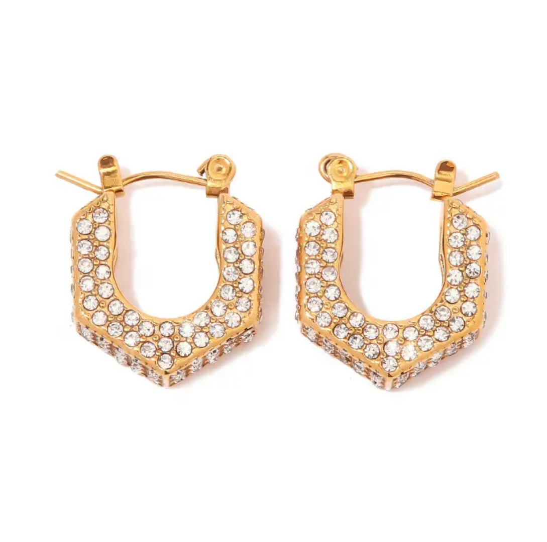 Shiny Zircon U-Shape Hoop Earrings | Stainless Steel | 18K Gold Plated | Tarnish-Free