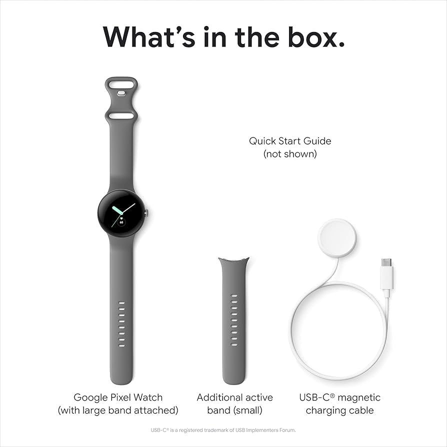 Google Pixel Watch 41mm – Polished Silver with Charcoal Band | Fitbit Built-In