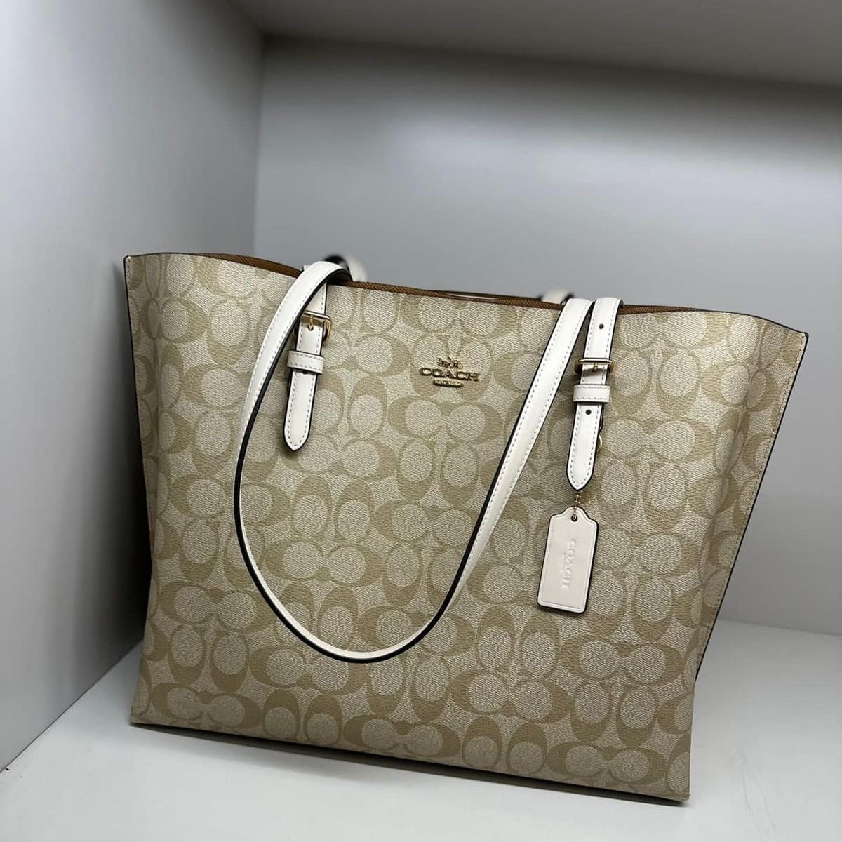 Coach Mollie Tote Bag In Signature Canvas (Tan/White)