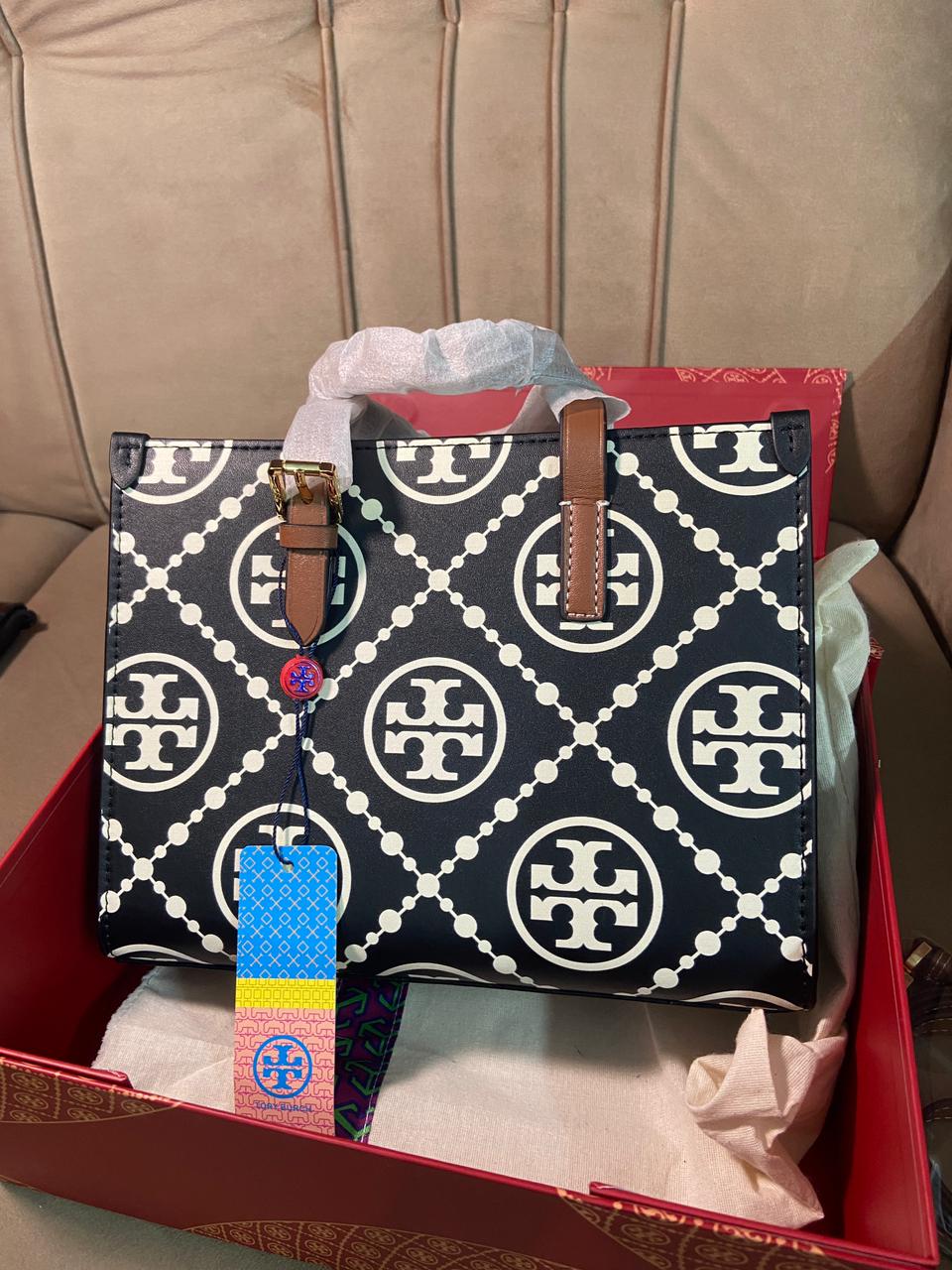 TORY BURCH MONOGRAM CONTRAST EMBOSSED TOP-HANDLE TOTE