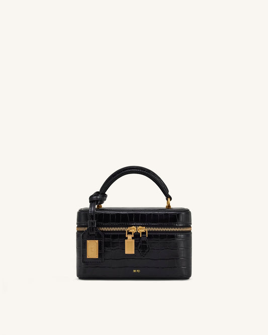 JW PIE Cleo Woven Texture Box Shape Top Handle Bag - Black Croc