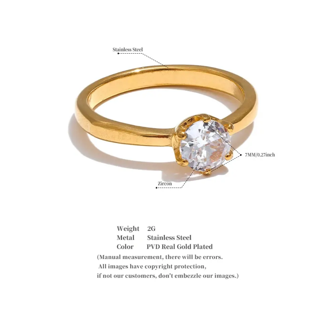 Cubic Zirconia Classic Ring | Stainless Steel | 18K Gold Plated