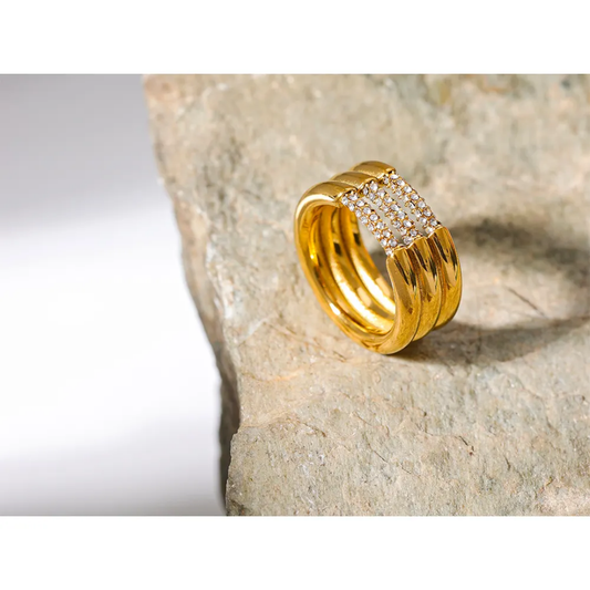 Unique Layered Geometric Cubic Zirconia Ring | Stainless Steel | 18K Gold Plated