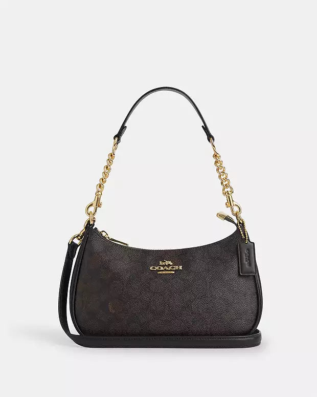 Coach Teri Shoulder Bag Dupe – Signature Canvas (Gold/Walnut/Black) | Luxury-Inspired Design