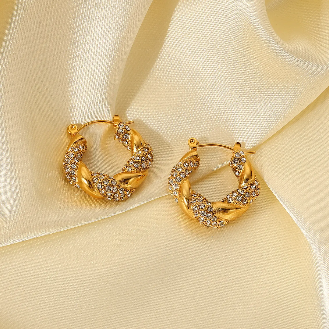 Zircon Diamond Twisted Hoop Earring | Stainless Steel | 18K Gold Plated