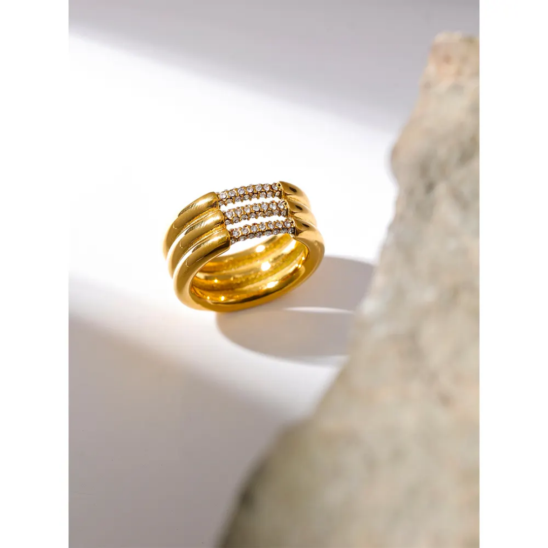 Unique Layered Geometric Cubic Zirconia Ring | Stainless Steel | 18K Gold Plated