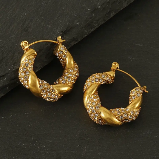 Zircon Diamond Twisted Hoop Earring | Stainless Steel | 18K Gold Plated