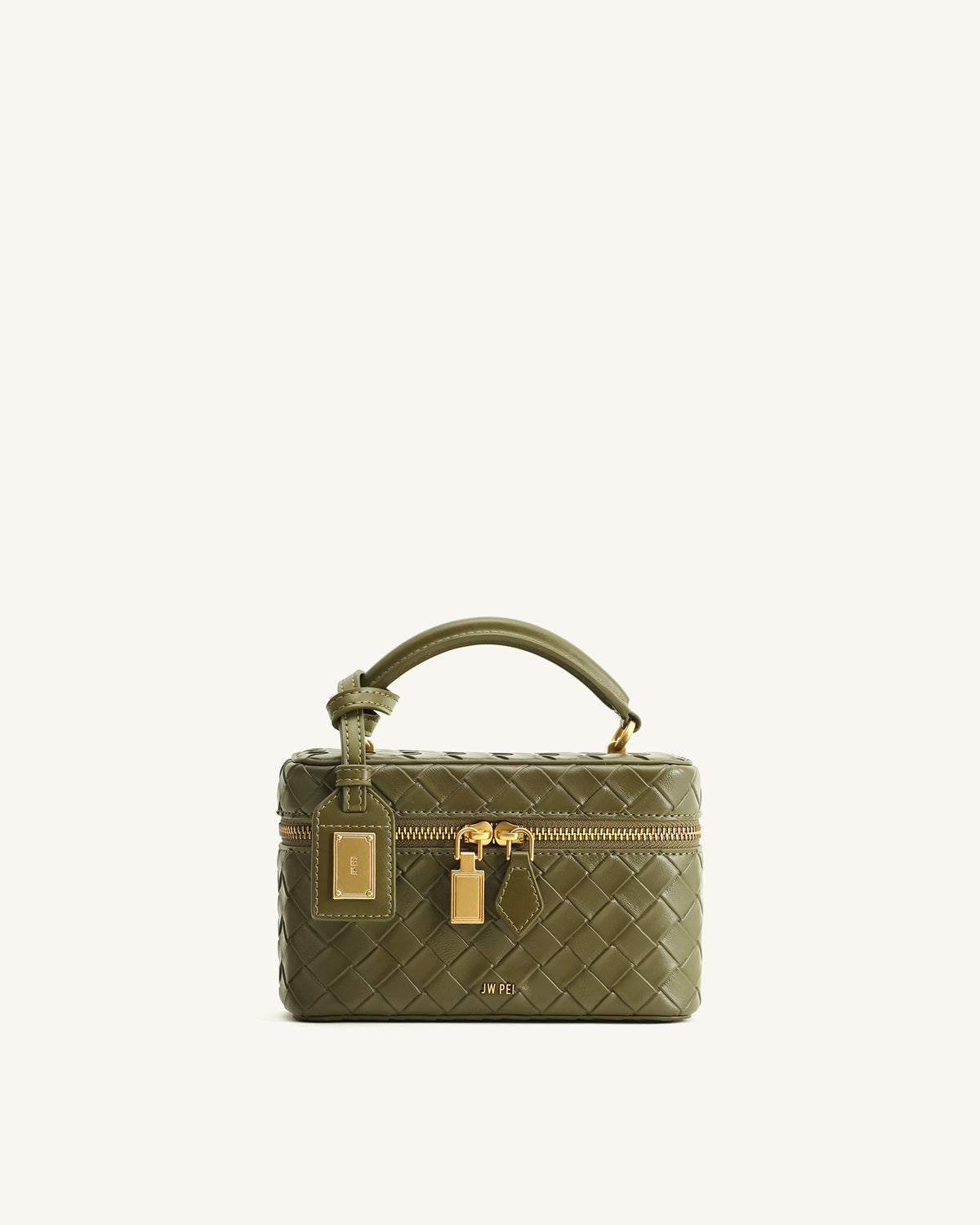 JW PIE Cleo Woven Texture Box Shape Top Handle Bag - Olive Green