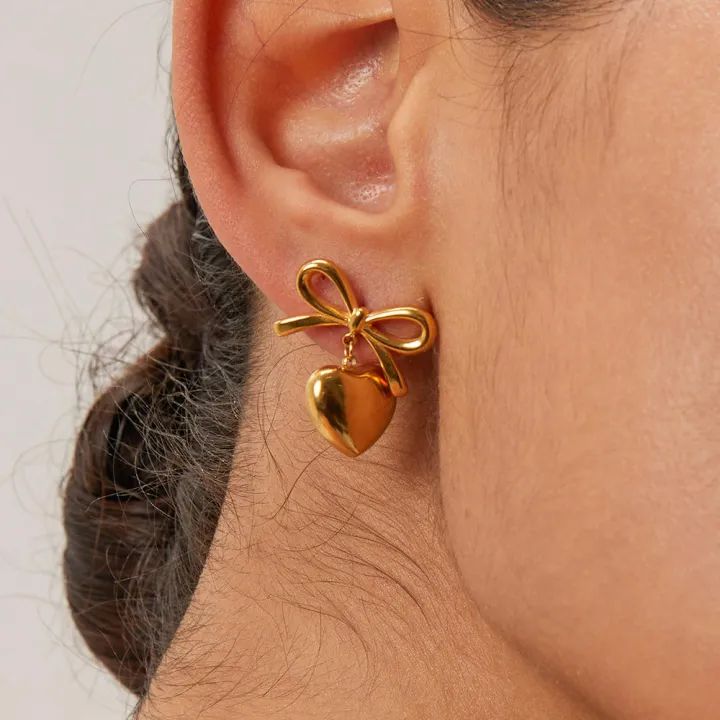 Bow Heart Earrings | Stainless Steel | 18K Gold Plated