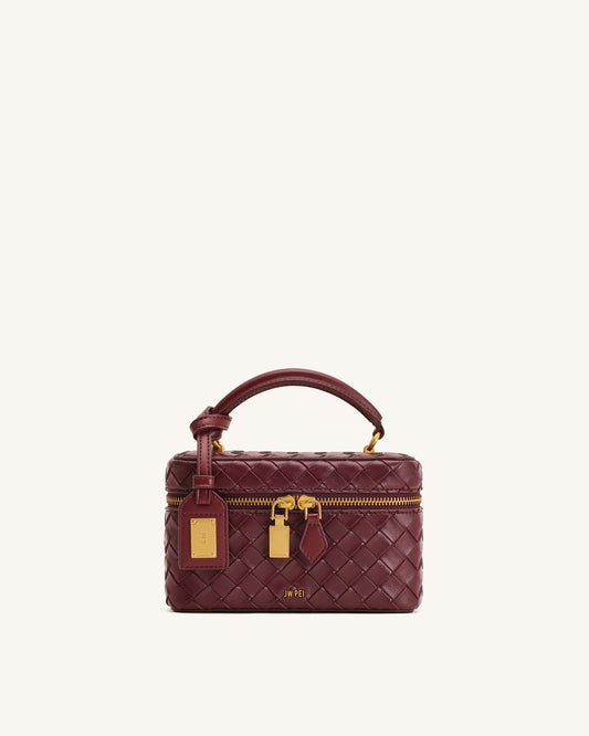 JW PIE Cleo Woven Texture Box Shape Top Handle Bag - Claret