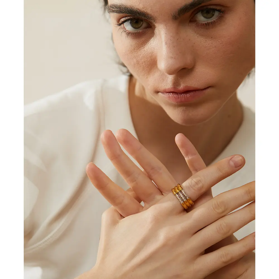 Unique Layered Geometric Cubic Zirconia Ring | Stainless Steel | 18K Gold Plated