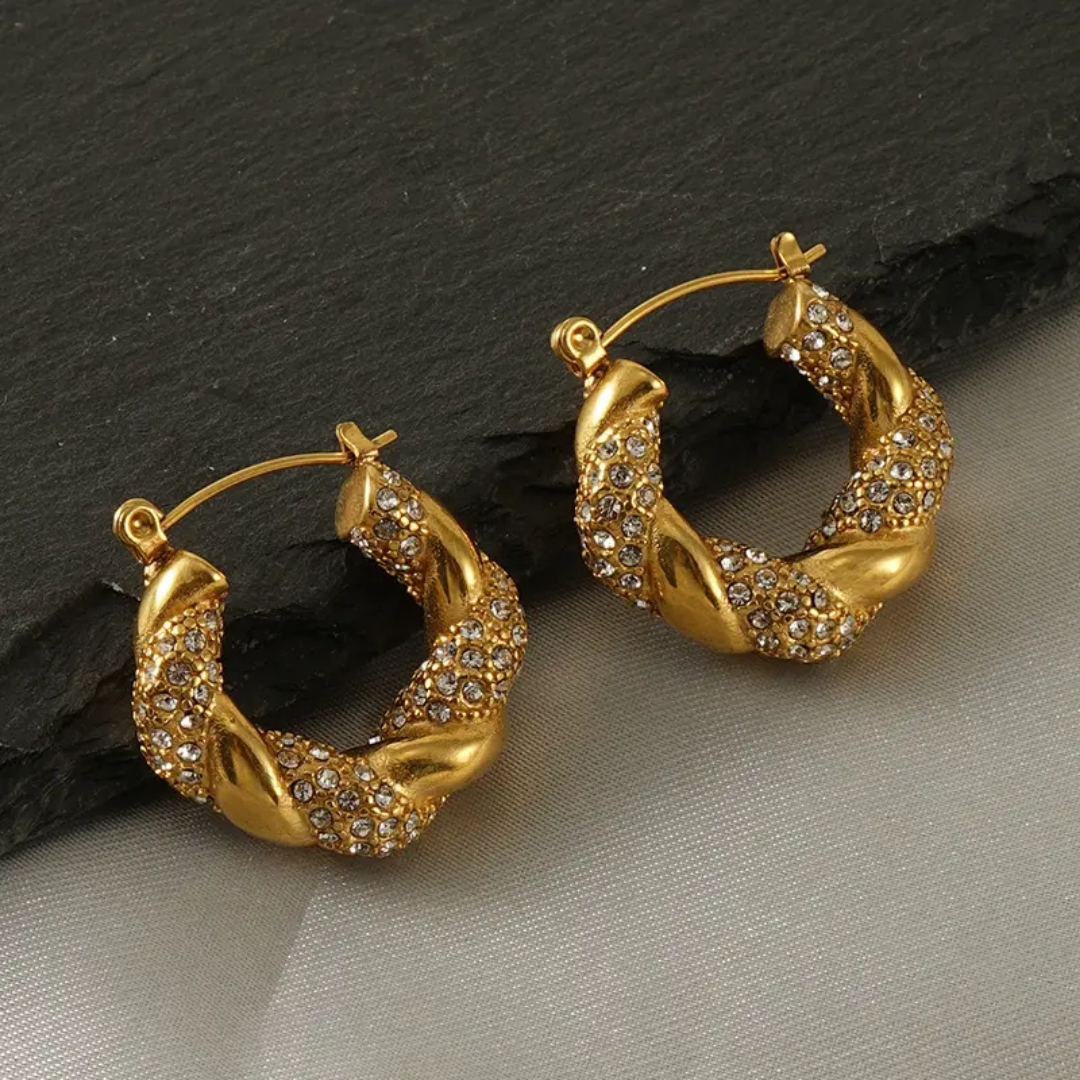 Zircon Diamond Twisted Hoop Earring | Stainless Steel | 18K Gold Plated