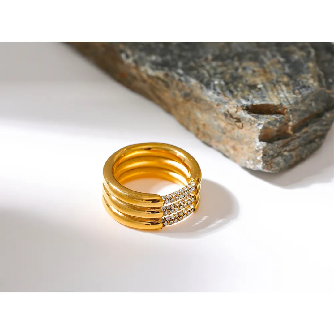 Unique Layered Geometric Cubic Zirconia Ring | Stainless Steel | 18K Gold Plated