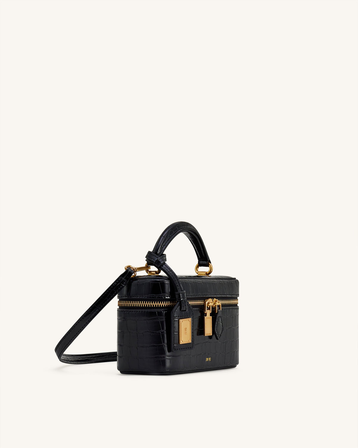 JW PIE Cleo Woven Texture Box Shape Top Handle Bag - Black Croc